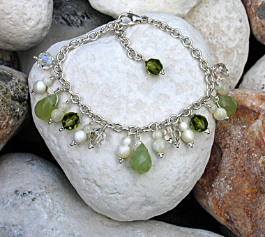 Sterling silver bracelet with soo chow jade, mother of pearl and Swarovski crystals