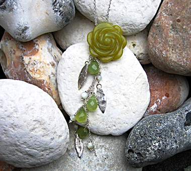 Olive jade flower necklace with sterling silver leaves, soo chow jade and mother of pearl