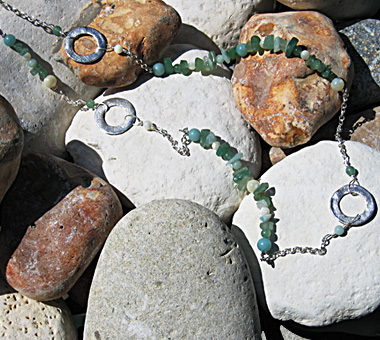 Sterling silver necklace with green aventurine, amazonite and mother of pearl