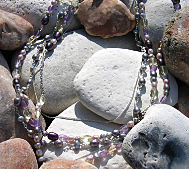 Sterling silver necklace with freshwater pearls, ametrine and lemon quartz