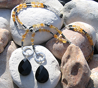 Sterling silver wrap over necklace with onyx, haematite, swarovski crystal & citrine. Total length 100cm