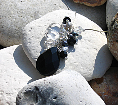 Sterling silver snake chain pendant with onyx, crystal quartz, freshwater pearls and Swarovski crystals (50cm drop)